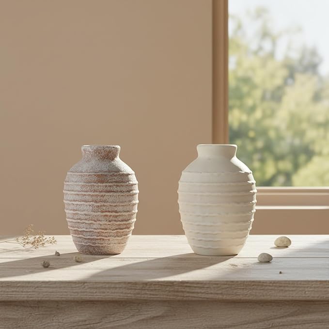 Rustic Ceramic Flower Vase,6.9 Inch Pottery Farmhouse Vases for Home Decor Boho Terracotta Vase Decorations Vintage Floral Vase Decor for Living Room,Table,Bedroom,Shelf,Mantel,Kitchen-Warm Sand Beige