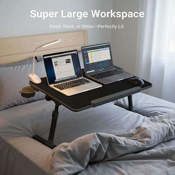 iXTRA Laptop Lap Desk with Cooling Fan - Adjustable Bed Desk with Light, Bed Table with Cup Holder&Phone Holder - Storage Drawer Desk - Folding Bed Desk,Black,70x45cm