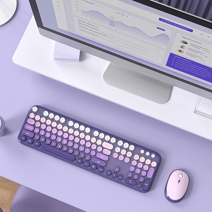 Wireless Keyboard and Mouse Combo, MOWUX Colorful Computer Full Size 2.4G Plug and Play Wireless Typewriter Keyboard and Mouse Set for Computer, Desktop, PC (Purple Gradient)