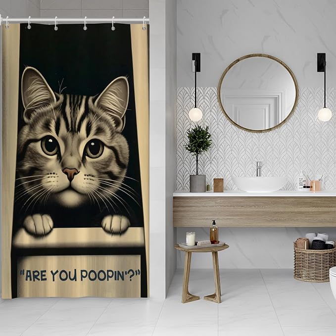 Cat Shower Curtains Cute are You Poopin' Funny Humorous Animal Whimsical Bathroom Curtain Curious Joke Cat Shower Curtain Sets for Bathroom Extra Long 36x72 in with 6 Hooks