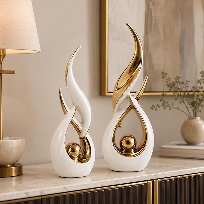 2 PCS White Gold Ceramic Statues For Home Decor Accents, Modern Abstract Art Sculptures, Elegant Tabletop Decorative Objects For Dining Room, Entryway, Tv Stand, Mantel, Coffee Table Centerpieces