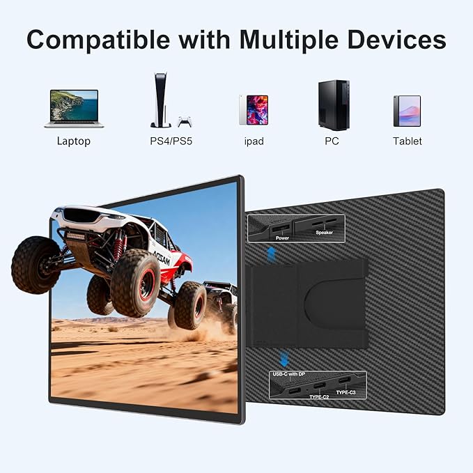 Portable Monitor 16" 1200P FHD Laptop Screen Extender, Horizontal Vertical Monitors with Detachable Kickstand, Built-in Speakers, Plug & Play Computer Gaming Travel Monitor for Wins Mac Chrome Phone