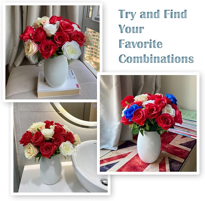 12 PCS Rose Artificial Silk Flowers, Fake Roses with Long Stems Realistic Faux Rose Flower Bouquets for Home Wedding Decoration Party-Red