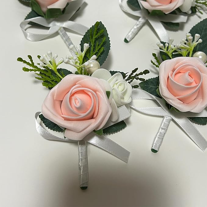 6PCS Blush Pink Boutonniere for Men,Coral Pink Boutonniere Pins for Men Groomsmen Guest Boutonniere, Artificial Flowers for Wedding Decor Prom Homecoming