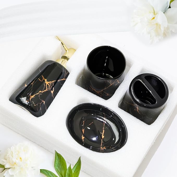 CERBIOR Bathroom Accessories Set,4 Pcs Ceramic Bathroom Decor Accessory,Includes Toothbrush Holder, Toothbrush Cup, Soap Dish for Decorative Countertop and Housewarming Gift(Black 4pcs)