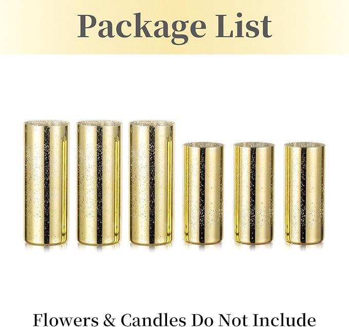 Glass Cylinder Vases Set of 6, Hewory Glittery Gold Vase for Centerpieces, Hurricane Candle Holders for Pillar or Floating Candle, Round Tall Vase for Wedding Anniversary Events Home Table Decor