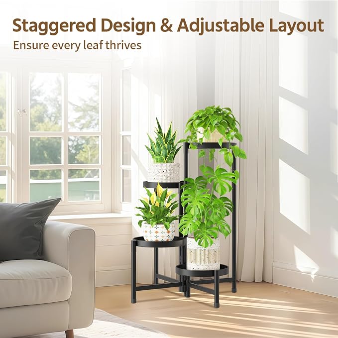 LASZOLA 4 Tier Large Plant Stand Indoor Tall with 10 Inch Metal Tray, Corner Folding Flower Display Rack, Modern Plant Holder Shelf for Outdoor Patio Porch Garden Office Living Room, Black