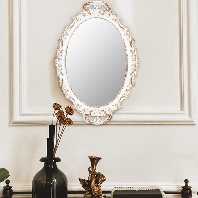 Tstarer Vintage Decorative White Framed Mirror, Small Oval Wall Hanging Mirror - 9.6" W x 14.3" L (White)