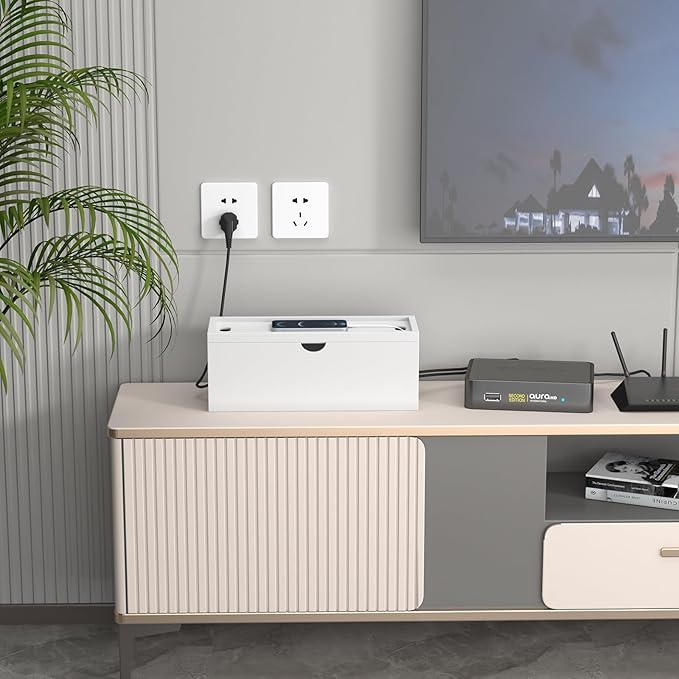 Bamboo Cable Management Box, Large Cord Organizer Box Cable Box to Hide Wires & Power Strips for Desktop Storage Cord Holder for Office Home,No Assembley Required (All White, 1Medium)