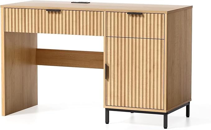 47" Fluted Executive Desk, Modern Wood Home Office Desk with Charging Station, Drawer & Cabinet, Computer Writing Desk for Work Study, Natural Oak