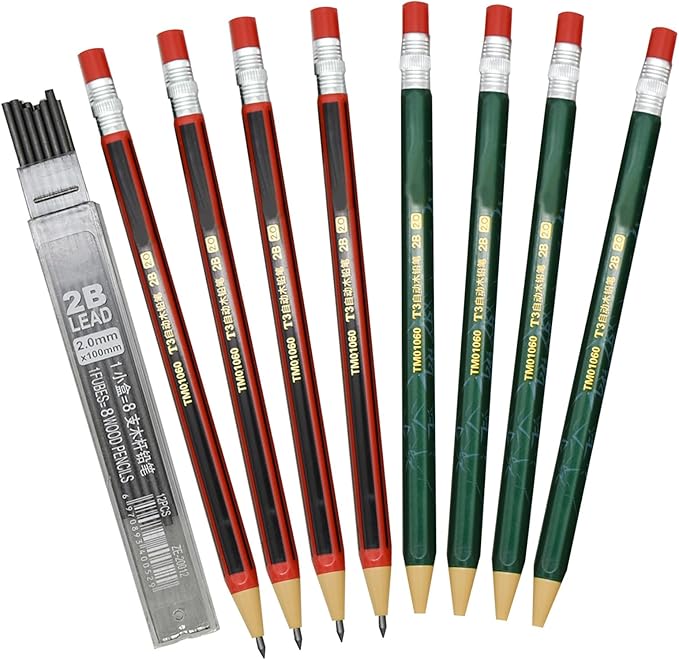 Maydahui 12 PCS Mechanical Pencil with Sharpener Novelty Non Sharpening Automatic Pencil with 12 PCS 2B Lead Refills 2.0 mm Classic Red Green Pole Plastic Simulation Timber for School Writing Drawing