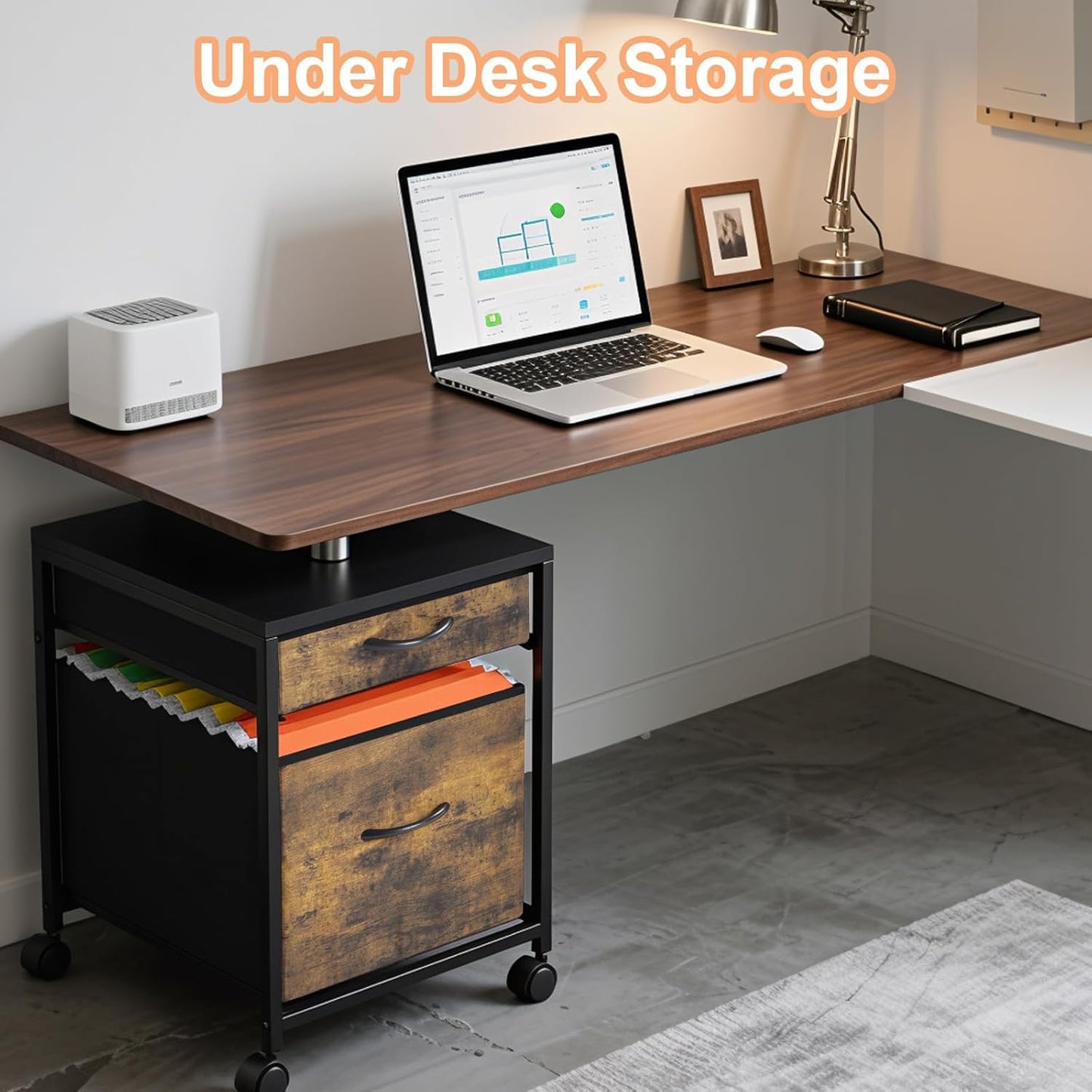 AceOrbit Rolling Mobile File Cabinet - 2 Fabric Drawers, Lockable Wheels, Rustic Brown Finish for Home Office