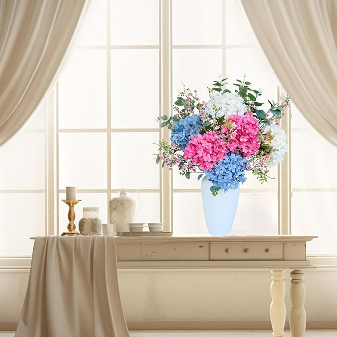 6PCS Premium Pink Hydrangea Artificial Flowers Bouquets, Light Pink Silk Hydrangea Flowers Heads with Stems, Fake Hydrangeas Flowers Arrangement, Faux Hydrangea Decor for Home Wedding Party