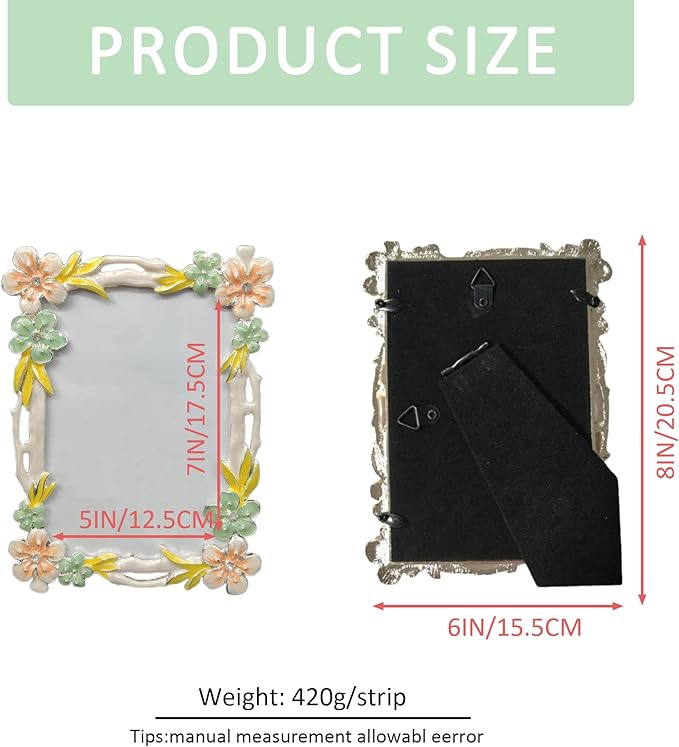 Vintage 5X7 Floral Metal Picture Frame with Enamel Finis Glass Front - Ornate Antique Pink and Green Flowers Photo Frame Tabletop/Wall Display Gifts for Women