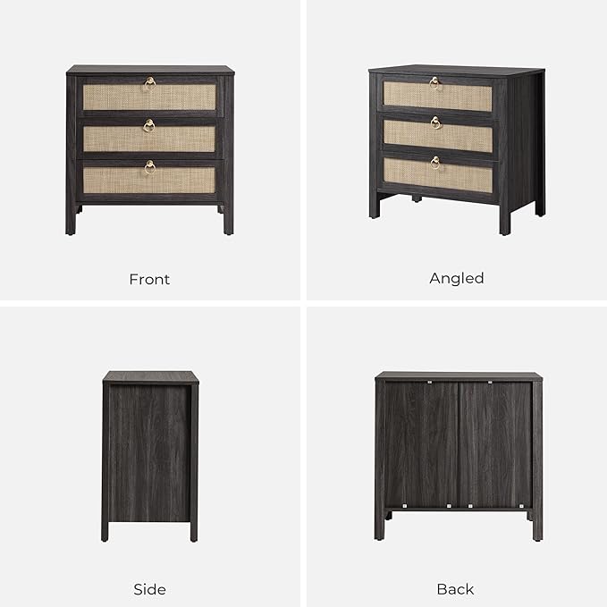 SICOTAS Night Stand with Drawers, Large Rattan Bedside Table with Golden Handle, 3 Drawers Nightstand Tall End Table Side Table Boho Nightstand for Bedroom