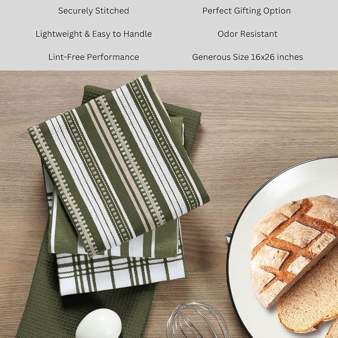 Assorted Kitchen Towels 16x26 Inch 100% Cotton Set of 5 - Dish Cloths Towels with Hanging Loop - Soft Absorbent Washable Tea Towel for Kitchen - Quick Drying Dish Towel Green