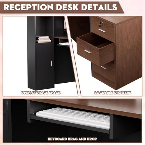 **Skiennix L-Shaped Reception Desk - Modern Wooden Design with Storage Shelves | Brown & Black, 71''L x 42''W x 41''H**