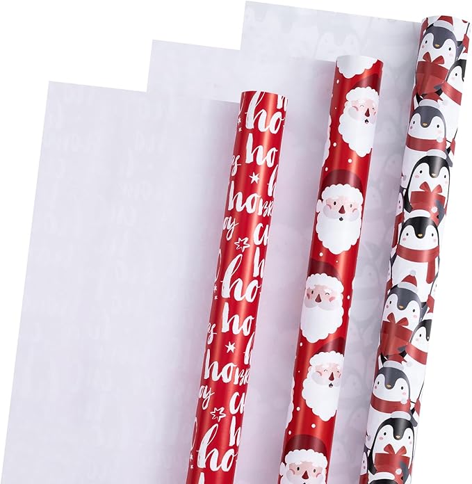 LeZakaa Christmas Wrapping Paper Roll - Mini Roll - 3 Rolls - 17 Inch X 120 Inch Per Roll - Red & White Penguins, Ho, Santa Claus, Christmas Elements Holiday Collection