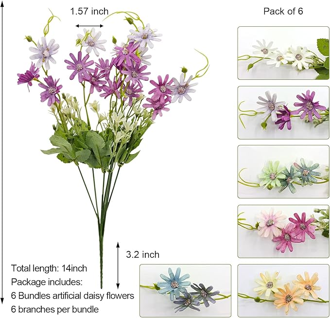 6Pcs Artificial Daisy Silk Flower Outdoor UV Resistant Fake Wildflowers Faux Greenery Shrubs Plastic Plants Arrangements for Home Indoor Outside Garden Vase Decor