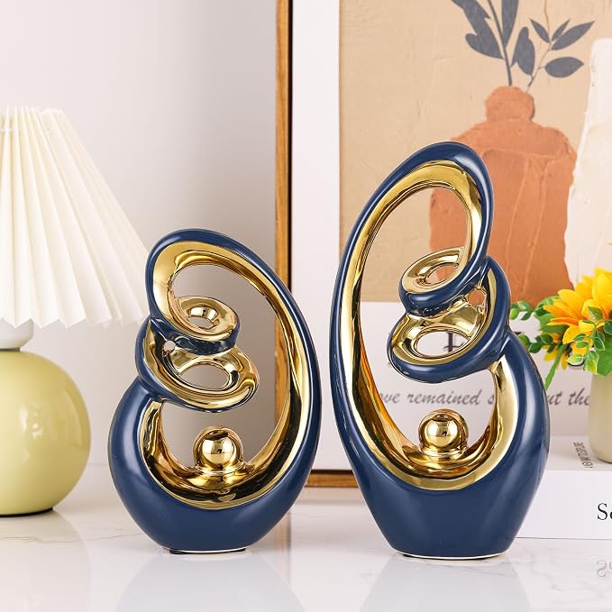 Blue Gold Ceramic Abstract Sculpture, Modern Art Deco Statues With Gold Accents For Home, Tv Stand Decor Centerpieces