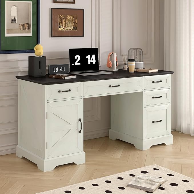 Executive Desk, Farmhouse Home Office Desk with Drawers and Storage Cabinet, Wood Computer Desk for Work and Study, Antique White (Style one)
