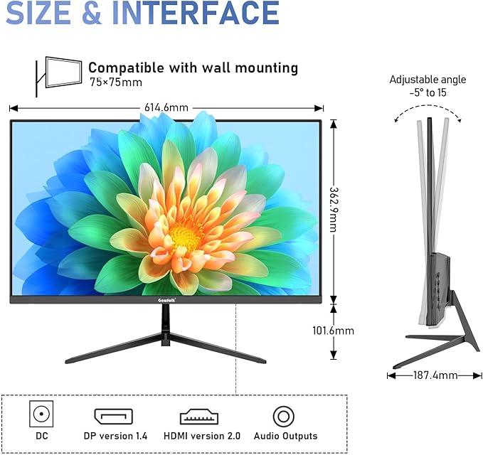 Gawfolk 27 inch IPS 2K QHD (2560×1440) Computer Monitor 75Hz Gaming PC Screen, 1ms,Adaptive Sync,100% sRGB, 1.07 Billion Colours, HDMI2.0、DisplayPort 1.4, Built-in Speaker - Black