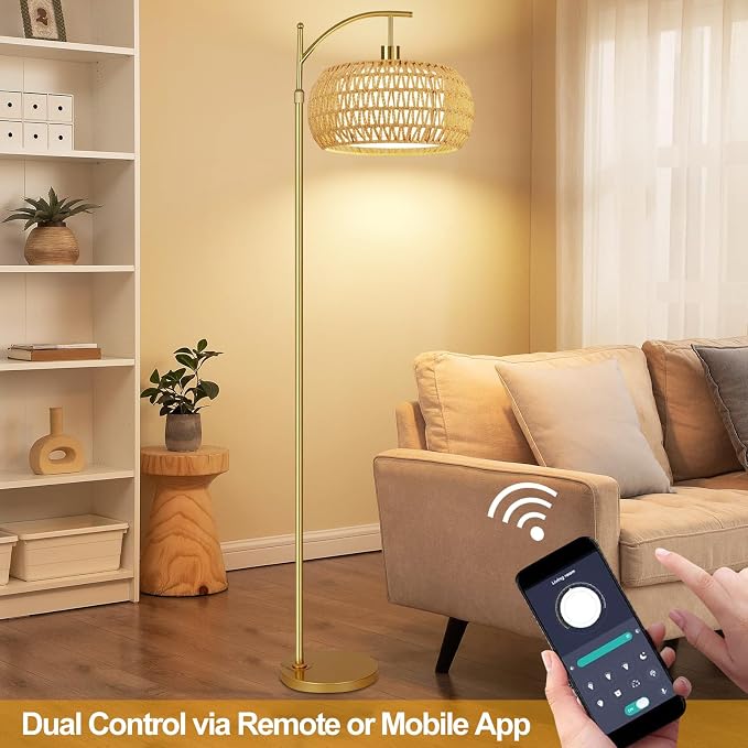 ZECOXOL Gold Floor Lamps for Living Room Rattan Boho Floor Lamp with Remote Control & 3 Color Temperature,Dimmable Arc Floor Lamps Brass Standing Lamp Tall Floor Lamp for Bedroom Living Room Corner