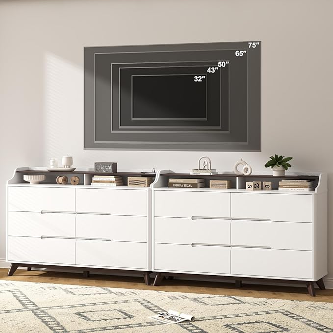Dresser for Bedroom with 6 Drawers, 55" Large Dresser & Chest of Drawers with Charging Station, Wood Closet Clothes Storage Long Dressers Organizer for Bedroom Living Room Hallway, White