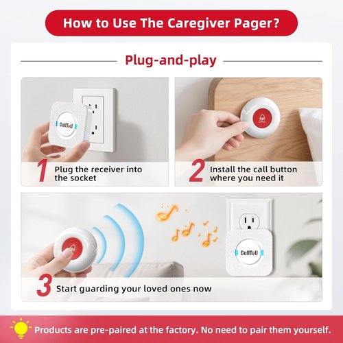 CallToU Wireless Caregiver Pager - Smart Call System with 2 SOS Buttons & 2 Receivers | 500+ Feet Range