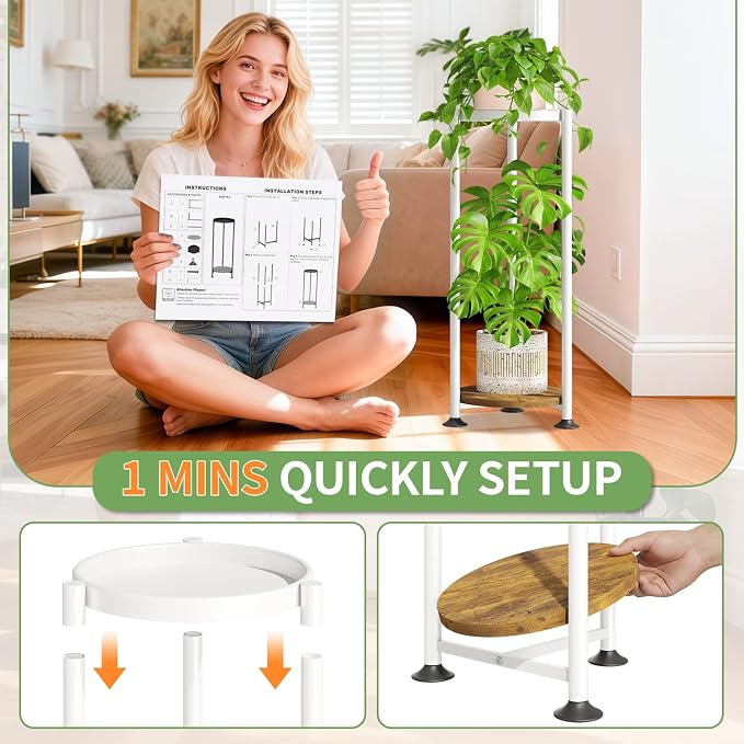 KMOTASUO 2 Tier White Plant Stand Indoor for Large Tall Heavy Duty Planter, Multiple Sturdy Metal Flower Corner Rack for Narrow House Floor, Iron Vertical Level Round Orchi Holder Organizer, Modern