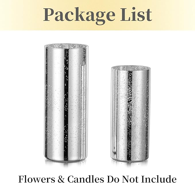 Glass Cylinder Vases Set of 2, Hewory Glittery Silver Vase for Centerpieces, Glass Hurricane Candle Holders for Pillar Floating Candle, Tall Round Vase for Wedding Anniversary Events Home Table Decor