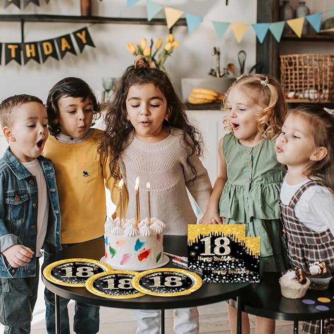 40Pcs 18th Birthday Decorations for Boys Girls Black and Gold Party Decorations for Birthdays Decor Happy Birthday Plates and Napkins Set Party Supplies for Men Women