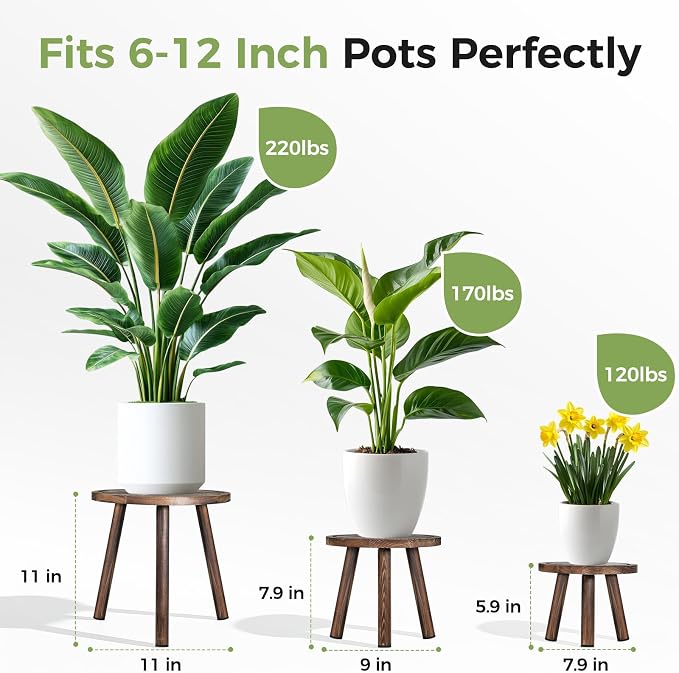 3-Pack Upgrade Thicken Wood Plant Stand Indoor, for 6-12 Inch Pots, Plant Stool Water-resistant Pinewood, Mid Century Modern Decor, Plant Stand 3 Sizes, for Living Room, Balcony, Office(Dark Brown)