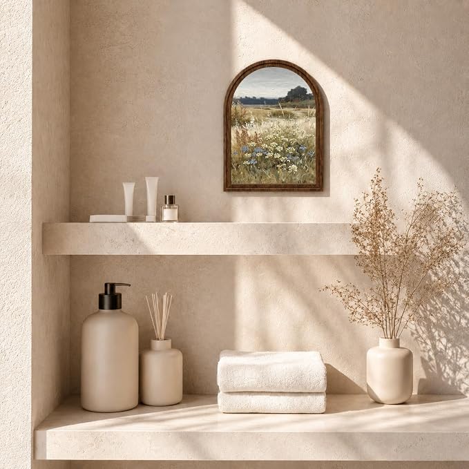 Rustic Farmhouse Tabletop Decor Sign, Arched Wooden Frame Wildflower Meadow Artwork for Desk Shelf Display, Soft Floral Landscape Accent, Gift for Home Decor Lovers