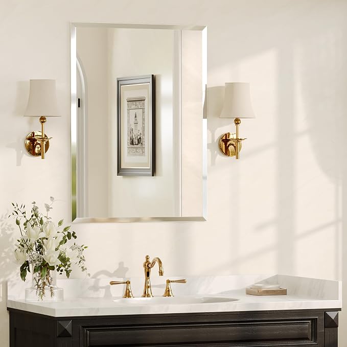 22 x 30 Inch Rectangular Bathroom Mirror, Frameless Beveled Vanity Mirror for Over Sink, Solid-Backed 2-Way Wall Mirror for Powder Room and Entryway
