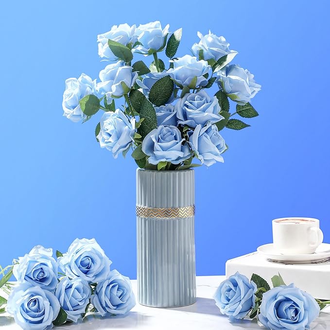 30 Pcs Rose Artificial Flowers in Bulk Real Touch Long Stem Silk Roses Bouquets Realistic Faux Flowers for Wedding Bridal Shower Home Decor Floral Arrangements Table Centerpiece(Light Blue)