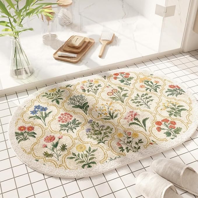 vctops Oval Bathroom Rugs, Spring Floral Print Absorbent Microfiber Bath Rugs, Non Slip Quick Dry Bath Mats for Bathroom Floor, Tub and Shower, Home Decor Accessories (Oval A,24"x35")
