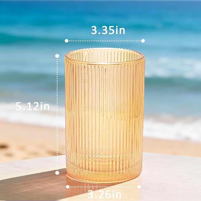 18 oz Ribbed Drinking Glasses Set of 6, High Clear Vintage Iced Coffee Cups Elegant Glassware, Highball Glass Cups Ridged Glass Tumbler for Cocktail, Whiskey, Beer, Water, Juice, Origami Style Amber