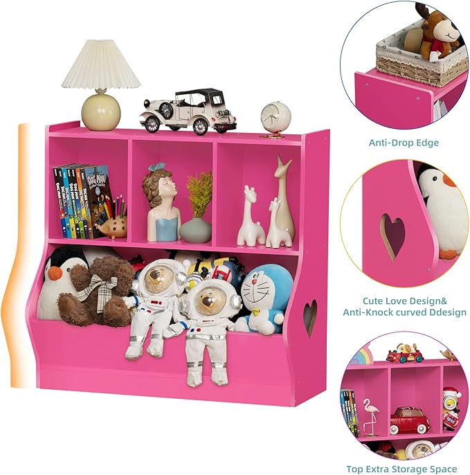 Lerliuo Kids Toy Storage Organizer, Children Small Bookcase and Bookshelf, Toddler 4 Cubby Toy Storage Cabinet, Toy Shelf for Playroom, Bedroom, Living Room, Nursery, School 29.53'' H (Pink)