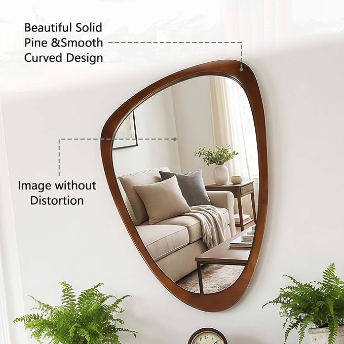 24x36 Inch Asymmetrical Wall Mirror Wood,Rustic Irregular Shaped Vanity Mirror for Bathroom,Bedroom, Living Room, Entryway, Fireplace,Wall Decor,Solid Wooden Frame (Dark Walnut, 24"x36" Inch)