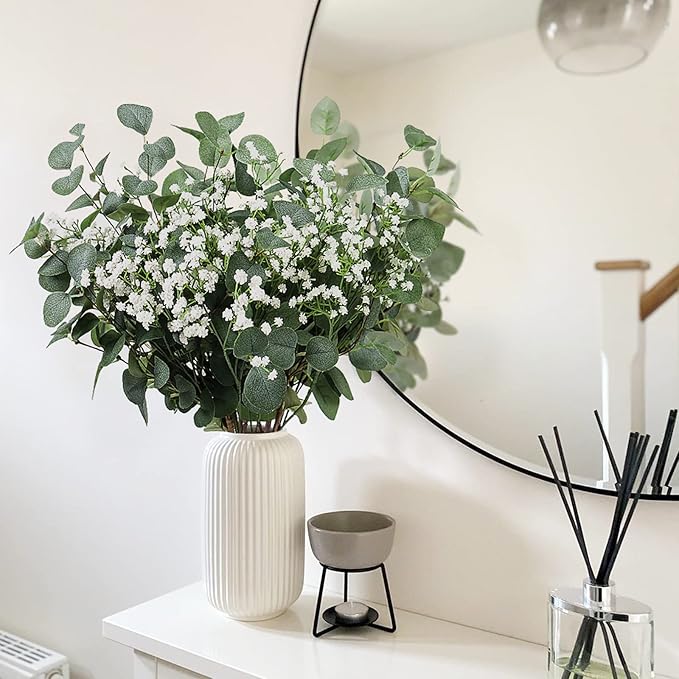 Beferr 5pcs Eucalyptus Stems & 6pcs Babys Breath Artificial Flowers Faux Greenery Bouquets for Wedding Table Centerpiece Home Decor