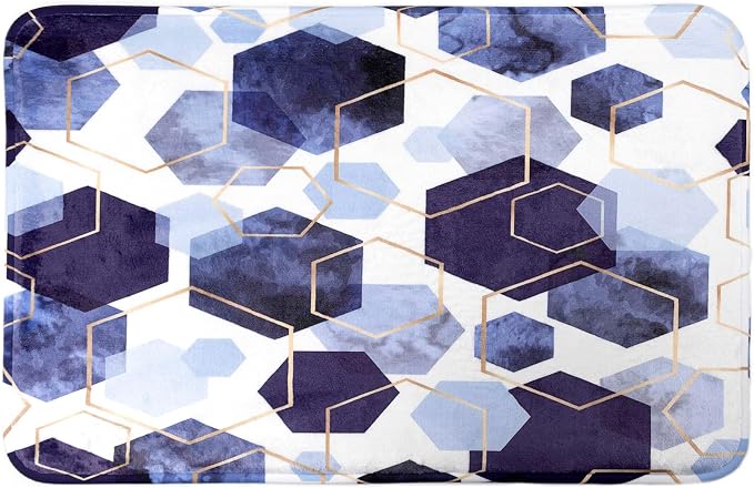 LB Navy Blue Marble Bath Mat for Bathroom Abstract Geometric Non Slip Floor Rug Gold Honeycomb Hexagon Doormat Super Absorbent Memory Foam Living Room Bedroom Door Front Area Rugs,31.5x19.6 Inch