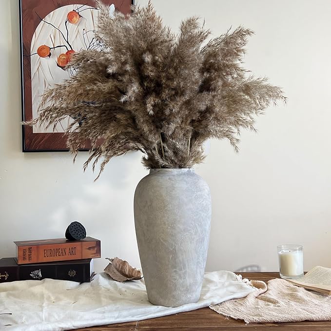12 Inch Ceramic Rustic Vase, White Grey Farmhouse Flower Vases for Centerpieces & Home Decor, Handmade Pottery Vase for Living Room, Bedroom & Wedding Decor, Vintage Ceramic Vases for Gifts