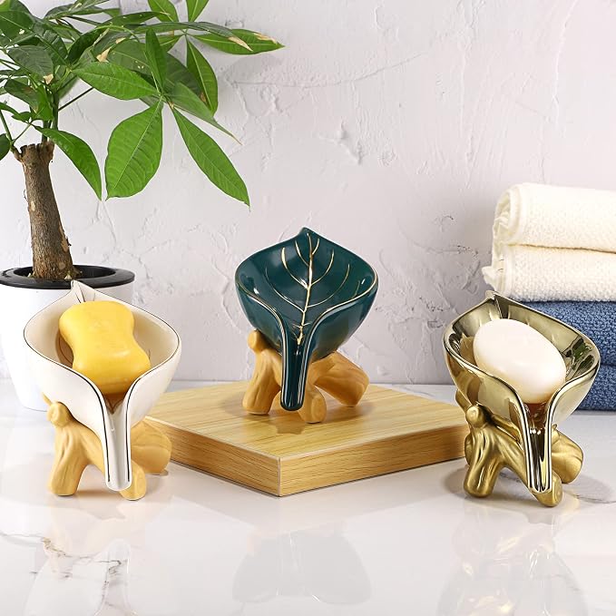JUXYES Ceramic Soap Dish Holder Self Draining, Unique Waterfall Soap Dish Leaf Shape Decorative Soap Dish Tray Tabletop Drainable Soap Saver Bathtub Waterfall Soap Dish Holder for Bathroom Shower