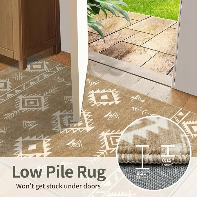 5x7 Area Rug Southwestern Tribal Geometric Rug with Non Slip Backing, Washable Low Pile Light Beige Sand Brown Carpet for Bedroom, Living Room, Dining Room, Home Office