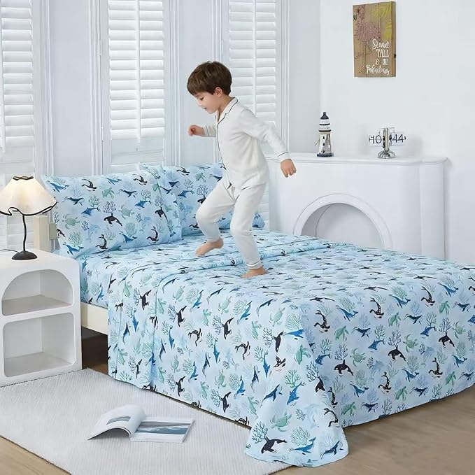 Viviland 4 Pieces Boys Blue Ocean Full Sheet Set - Soft Microfiber Fitted Flat Sheets & Pillowcases - Blue Ocean Whales, Sea Turtles, Marine Organisms Bedding Sets - for Kids & Toddlers