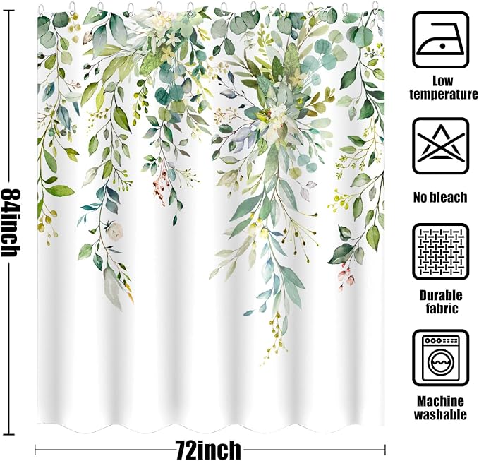 84 Inch Extra Long Green Eucalyptus Shower Curtain Watercolor Floral Plant Leaf Shower Curtains for Bathroom Botanical Flower Waterproof Fabric Bath Curtain with Hooks (Green, 72'' x 84'')