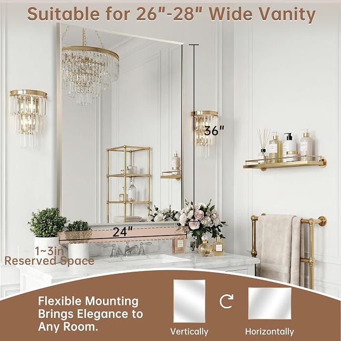Brushed Nickel Bathroom Mirror, 24"x36" Rectangle Mirror, Brushed Mirror, Metal Frame Square Corner Vanity Mirror, Wall Mounted Mirror for Modern, Living Room, Bedroom, Horizontal Or Vertical