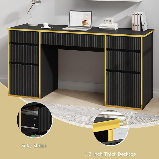 58 Inch Executive Desk with 7 Drawers, Black and Gold Desk with File Drawers for Bedroom, Home Office Desk with Storage for Study, Living Room