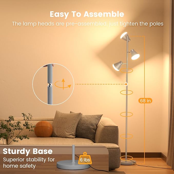 SIBRILLE 36W LED Tree Floor Lamp, Dimmable Tall Standing Lamp with Remote & Touch Control, 4 Color Temperatures Bright Floor Lamp, 3 Rotatable Light Modern Floor Lamps
